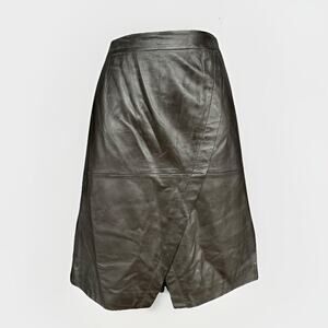 Halogen Nordstrom Brown Leather Skirt Size 14 Faux Wrap A-Line Lined Classic